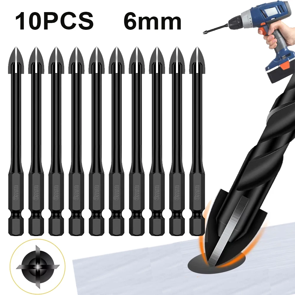 타일 도자기 유리 콘크리트 세라믹 타일용 크로스 육각 드릴 비트 키트, 카바이드 드릴 도구, 6mm, 5 개, 10 개