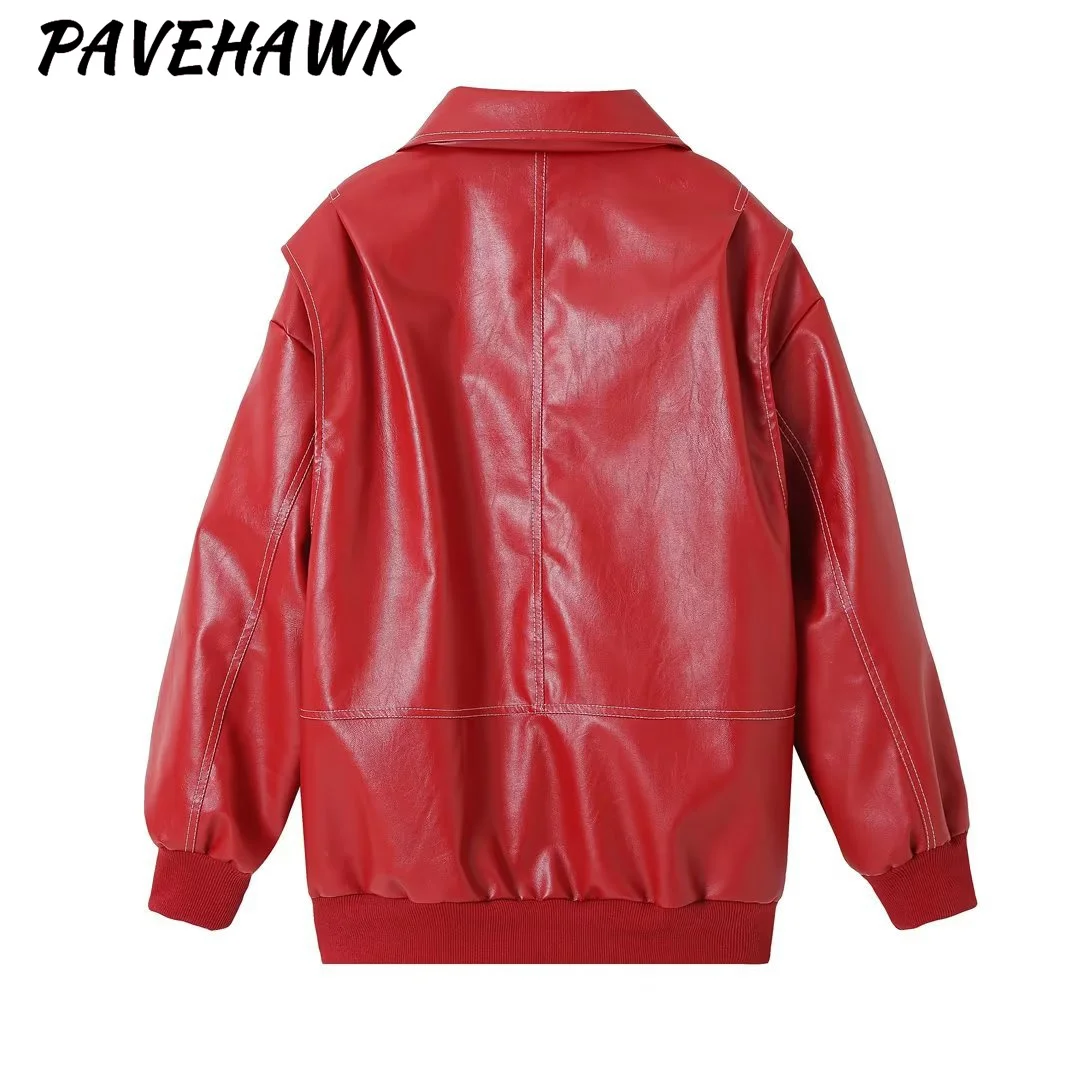 Women Contrast Stitch Jackets Vintage Fashion Solid Long Sleeve Autumn Winter Lapel Zipper Pu Leather Jacket Motorcycle Coats