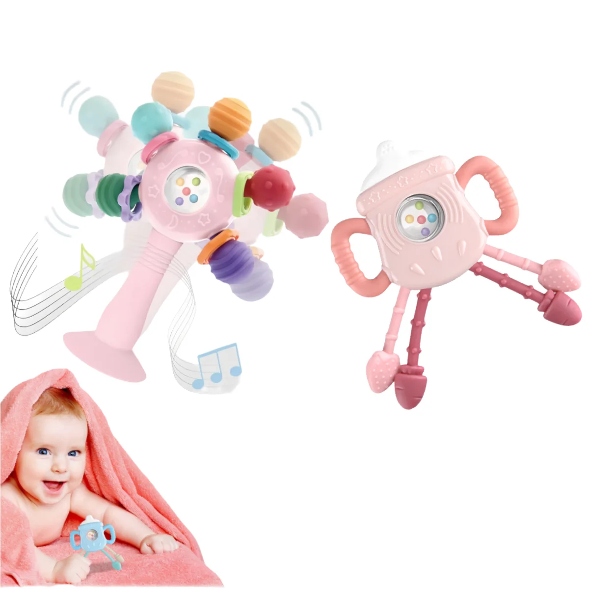 

Food Grade Teething Toys Busy Rattle With Suction Cup for Babies Baby Bottle Style Sensory Teether Toys BPA Free Pacifier Toys