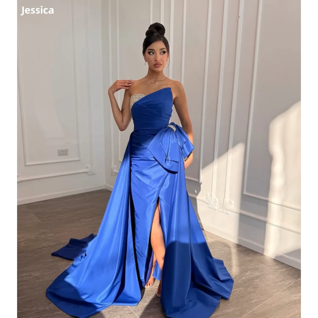 

Jessica Handmade Beaded Bow Evening Dresses Off-shoulder Blue Prom Dresses Satin Side Slits Miss Vestidos De Gala Customized