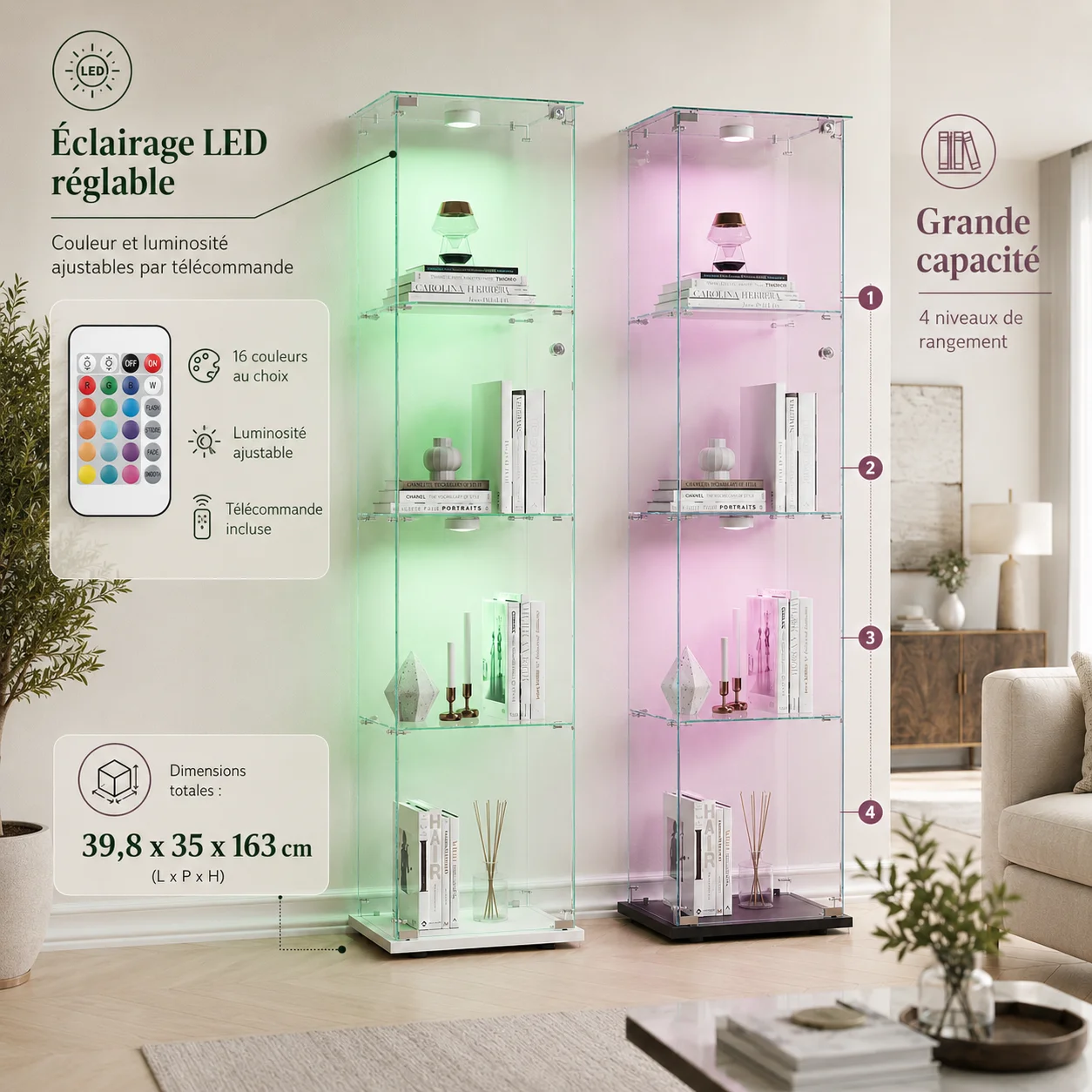 Vitrine à 4 Niveaux avec Serrure et Éclairage LED Réglable, Vitrine de Collection Verrouillable avec Porte, Bibliothèque Autoportante pour Salon, Chambre