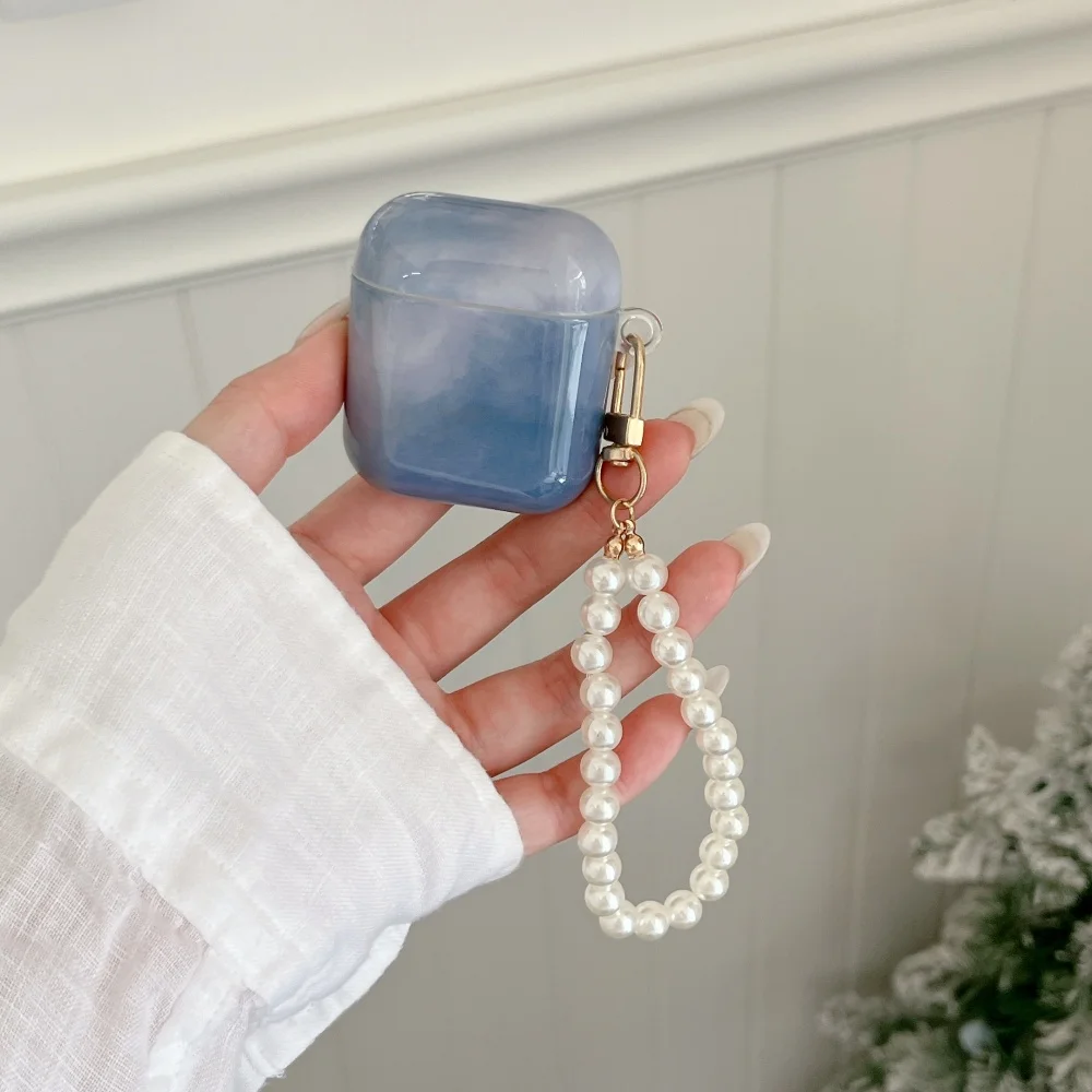 

Fashion dizzy blue headphone protective case for AirPods 2 3 4 Pro 2 3 simple new shockproof protective case with pearl chain