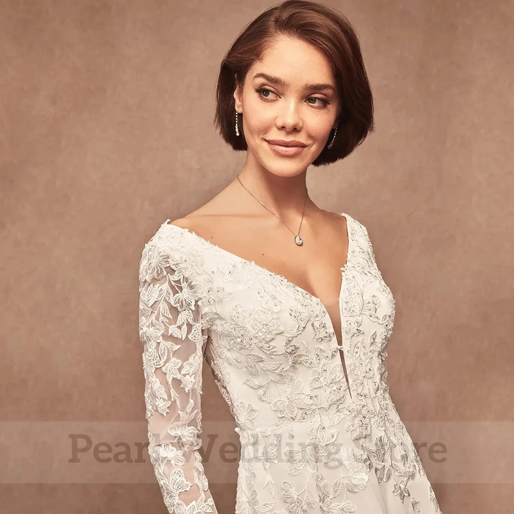 Boho Applique V-Neck Long Sleeve Wedding Dress A-Line Floor Length Sexy Open Back Seaside Elegant Bride Custom Sweep Train Gowns