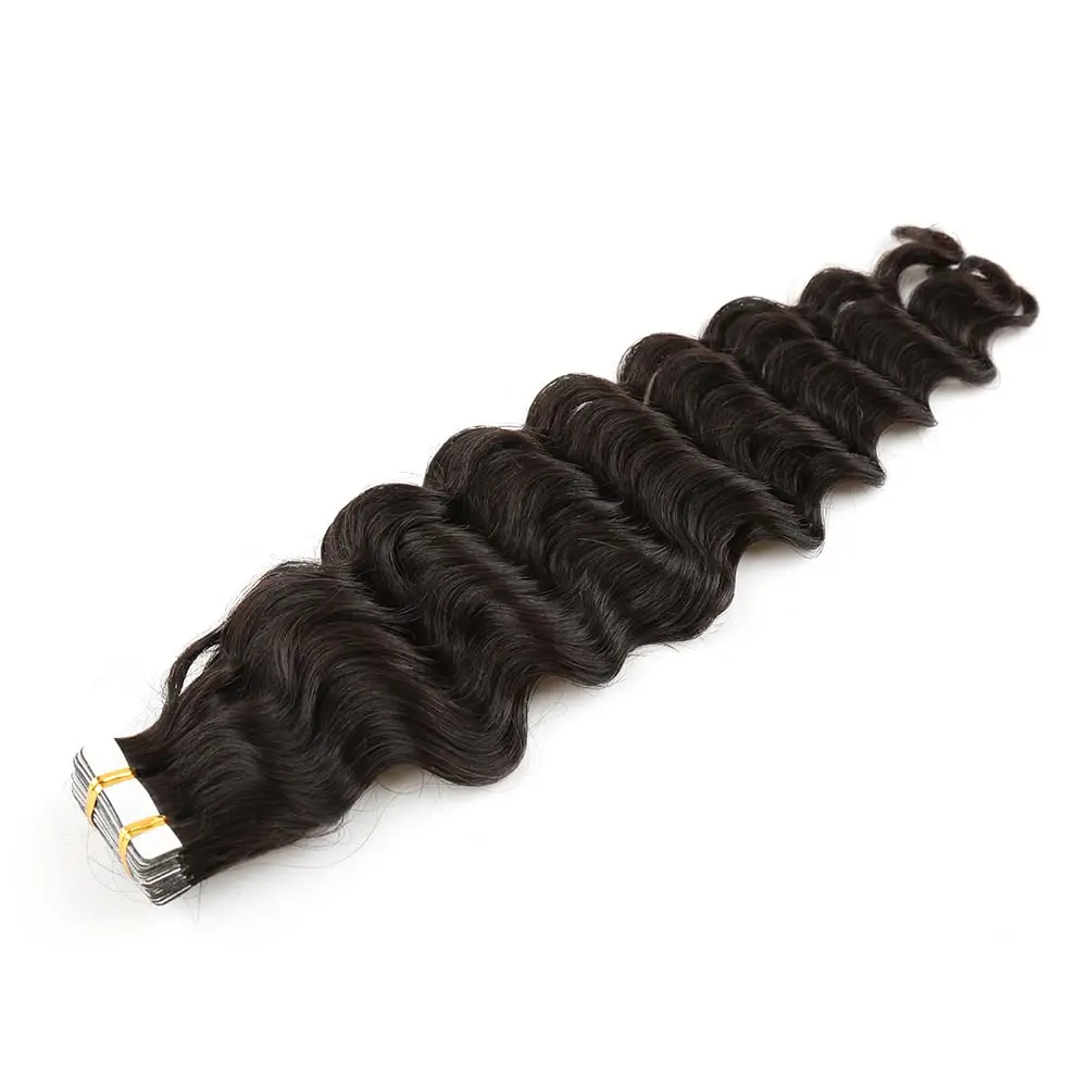 Deep Wave Tape in Hair Extensions Natural Black 100% Unprocessed Tape in Human Hair Extensions PU Tape in Extensions For Women