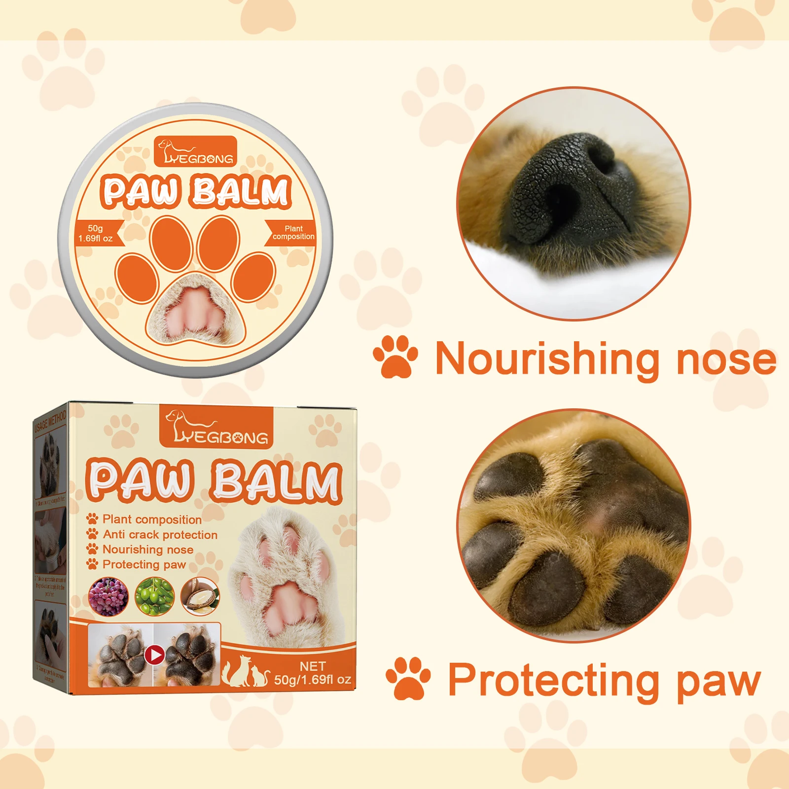 Yegbong-bálsamo hidratante para patas de mascotas, 50g, para gatos, perros, nutre la protección de la nariz, agrietamiento de la piel, repara la sequedad, bálsamo para patas de mascotas
