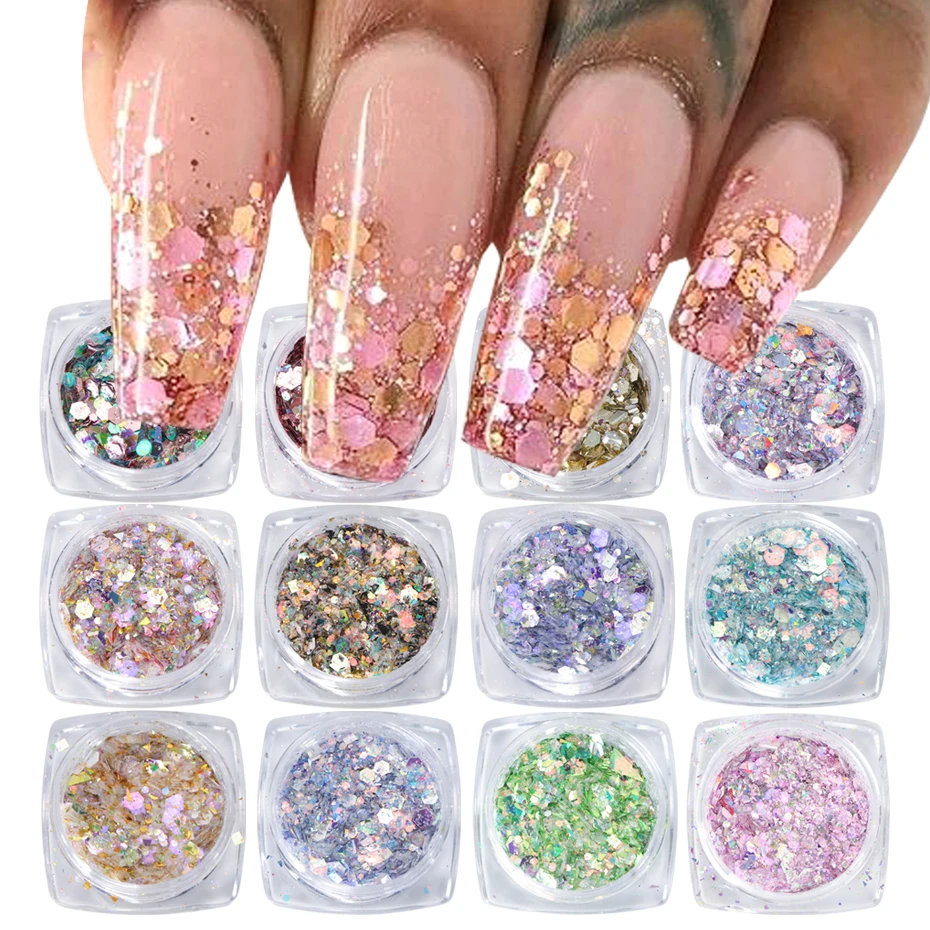 Conjunto de pó glitter para nail art, holográfico, brilhante, gel polonês, 3d, lantejoulas para manicure, ferramentas de decoração, 12 peças