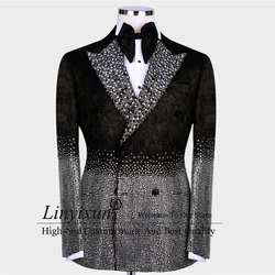 Sliver Gemstone Embriored Tuxedos Men Suit Luxury Beaded 2 Pieces Sets Male Dinner Party Blazers Slim Fit Business Costume Homme