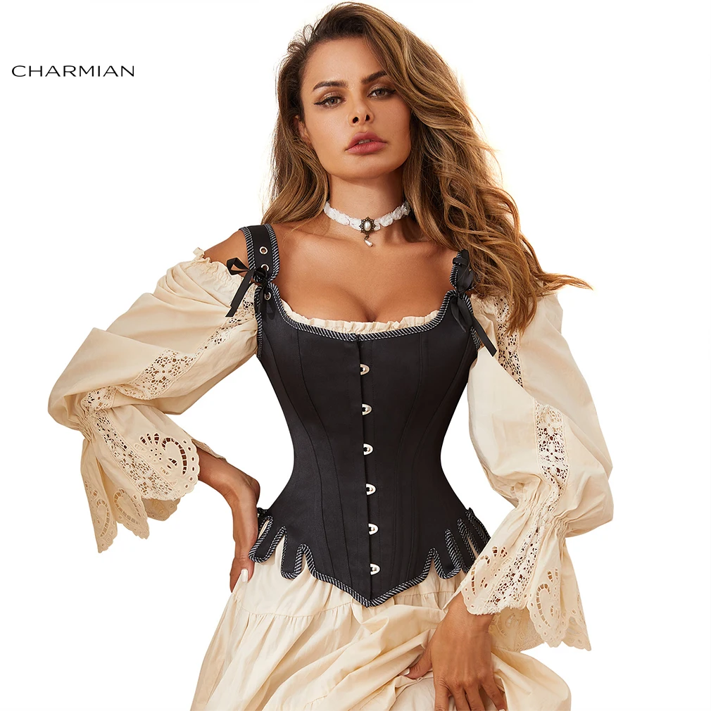 Charmian Medieval Corset Vest Women Sexy Renaissance Vintage Steel Boned Brocade Overbust Corset with Straps Lace Up Bustier Top