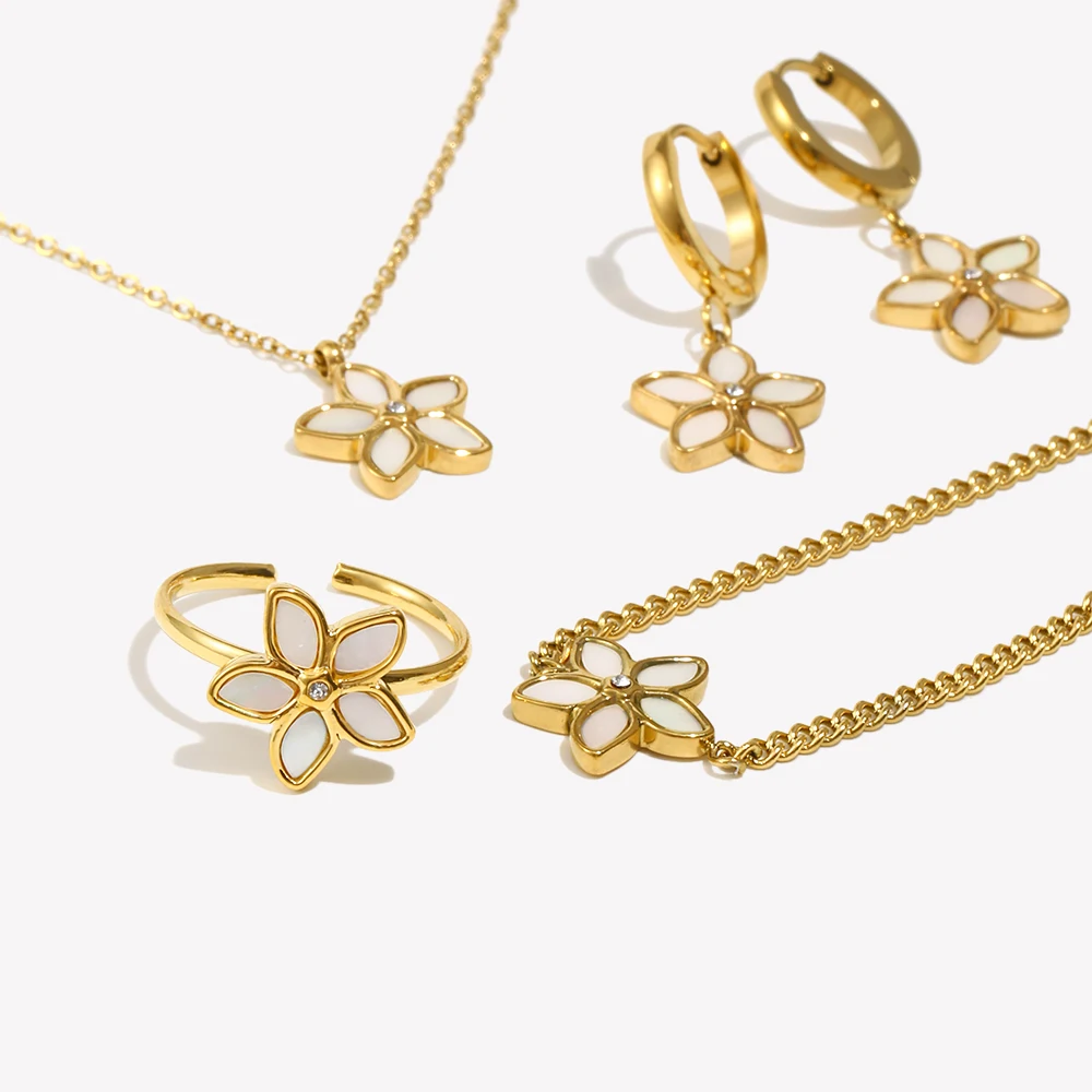 E.B.belle Fresh Style Stainless Steel Exquisite White Shell Flower Jewelry Set 18K Gold Plated Earrings Necklace Women Jewelry