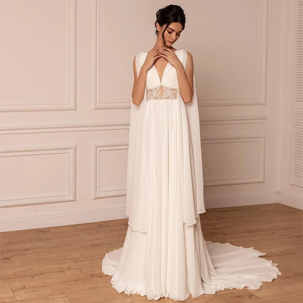 Customized Weilinsha A-Line Bohemian Chiffon Backless Wedding Dresses Ladies V-Neck Sleeveless Court Train Pleats Appliques Brid