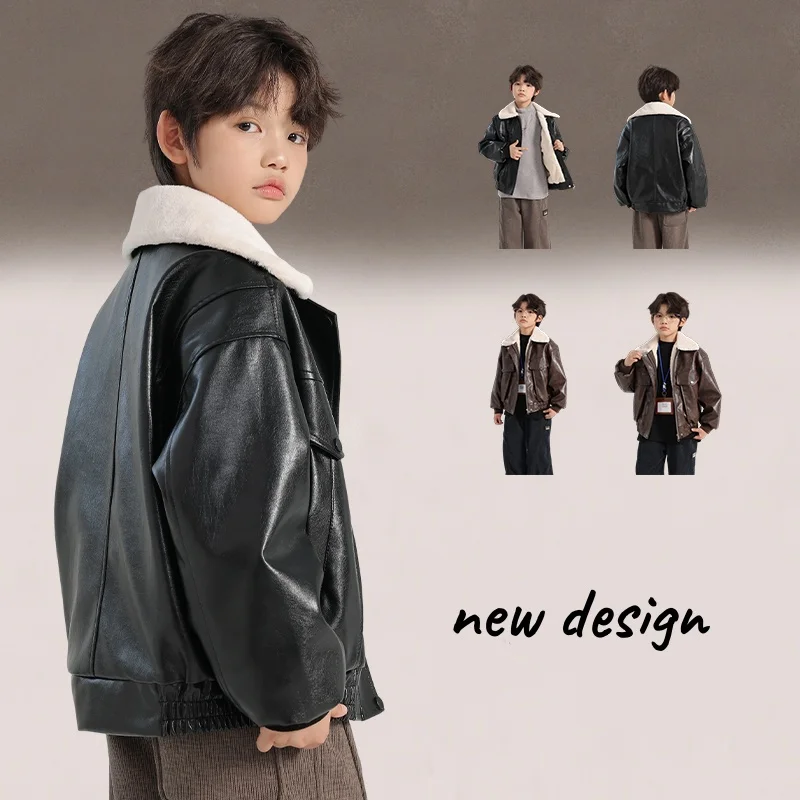 Boys Faux Leather Bomber Jacket with Fleece Lining - Warm Winter Casual Outerwear, Trendy New Design Windproof Coat