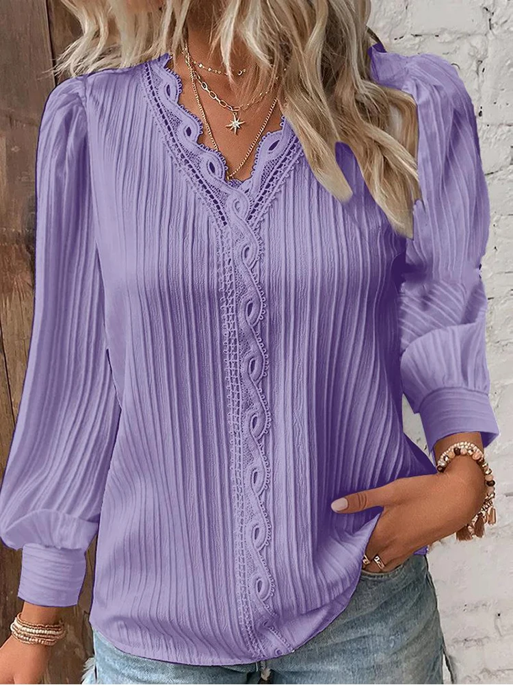 Camisa elegante de encaje calado con diseño de telas combinadas para mujer, camisa elegante de manga larga con cuello en V, Tops regulares básicos