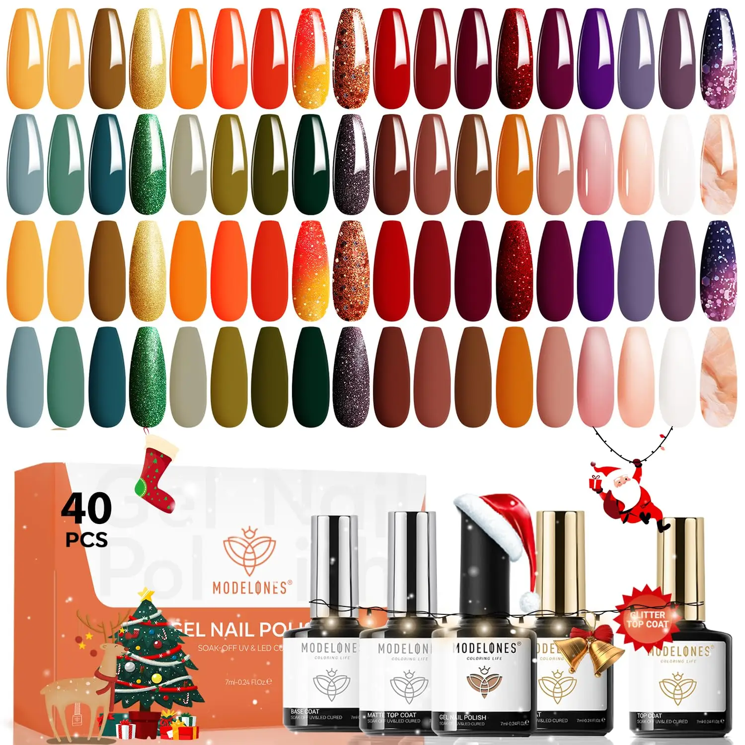 modelones 40-teiliges Gel-Nagellack-Set, Weihnachten Winter Nude Braun Grün Rot Lila Orange Gold Gelee Weiße Farben Blooming Gel P