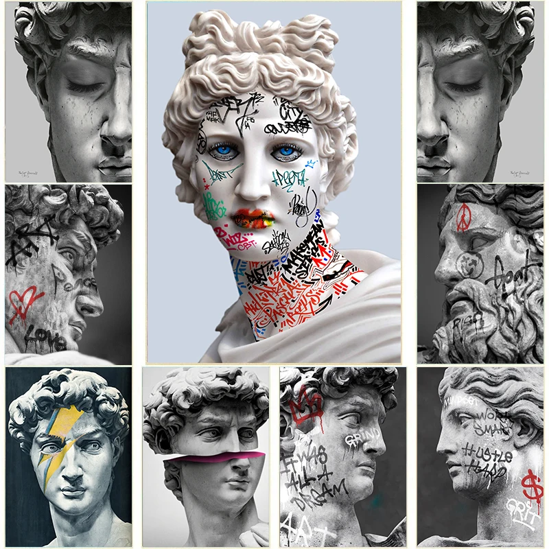 

Modern Sculpture Canvas Painting Graffiti Art Prints Apollo Marble David Popolo Posters Wall Art Picture for Gallery Home Decor