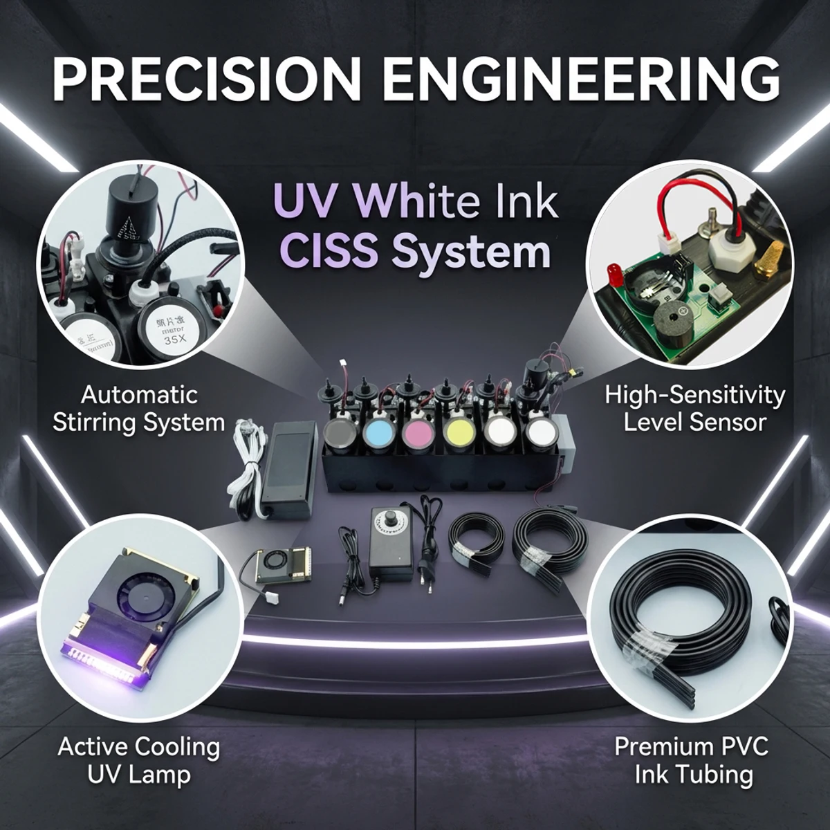 UV Ink CISS With Varnish UV Curing Lamp For UV DTF Printer Modify White Ink Timer Stirrer Controlled with Ink Level Sensor Alarm