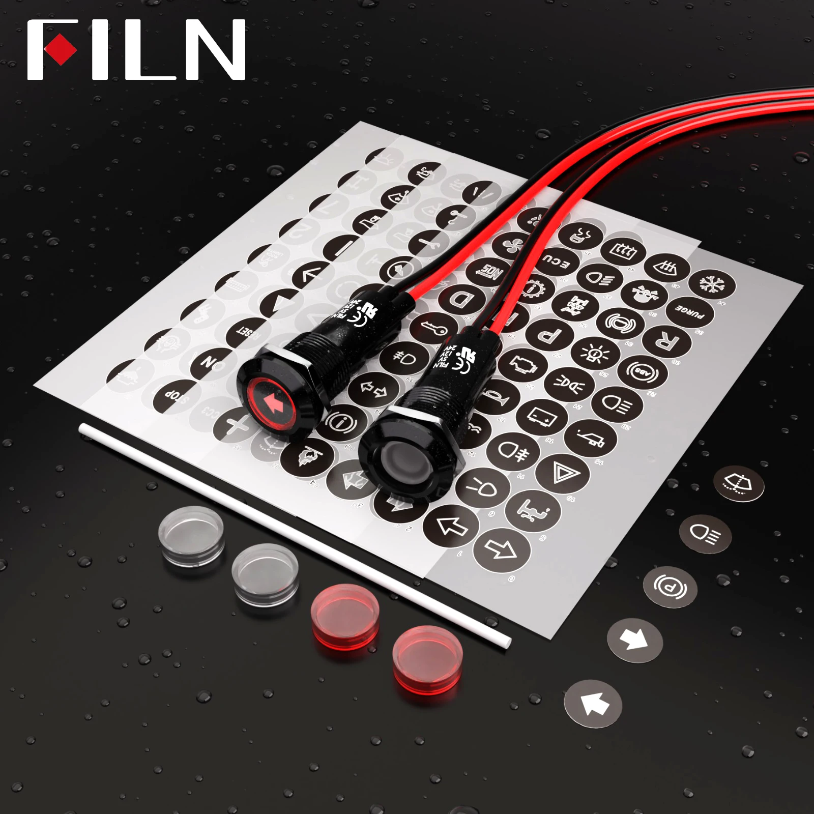 2-Unit Set 12mm IP67 Waterproof 180 symbol Metal Indicator Dash Pilot Light with Wire | Replaceable Symbol Caps for Car Dashboar