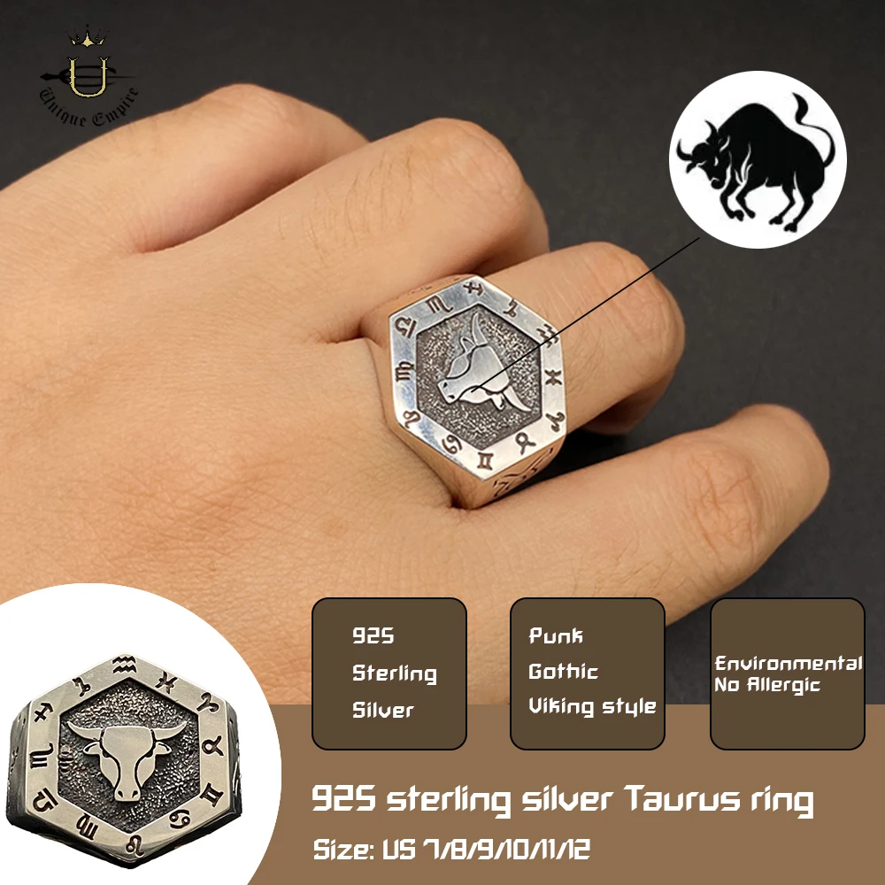 925 Sterling Silver Taurus Zodiac Ring Adjustable Men's Astrology Band Birthday Gift Decoration Jewelry