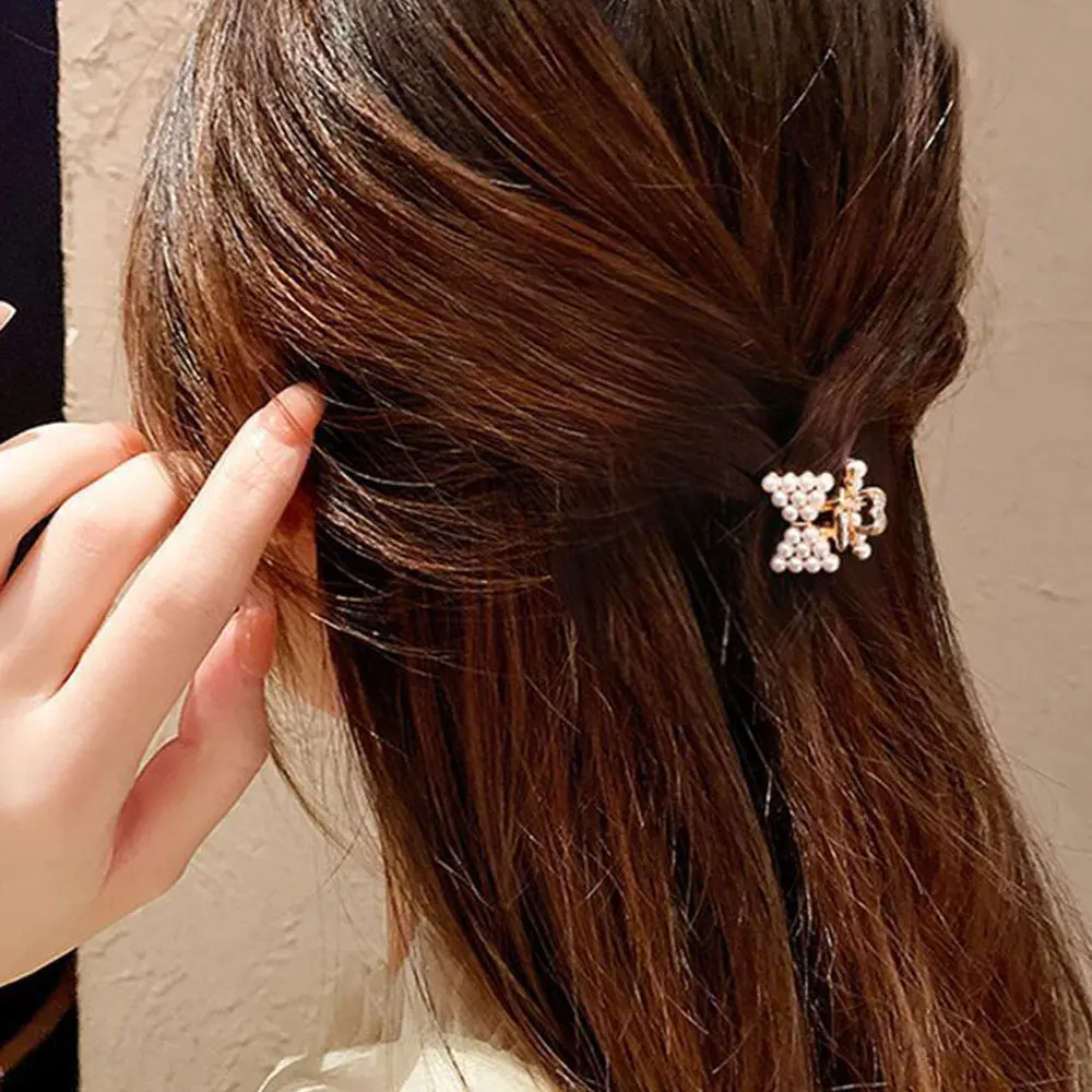 2 piece SET pearl ribbon mini claw pin female women hair hairpin half-bundle side pins