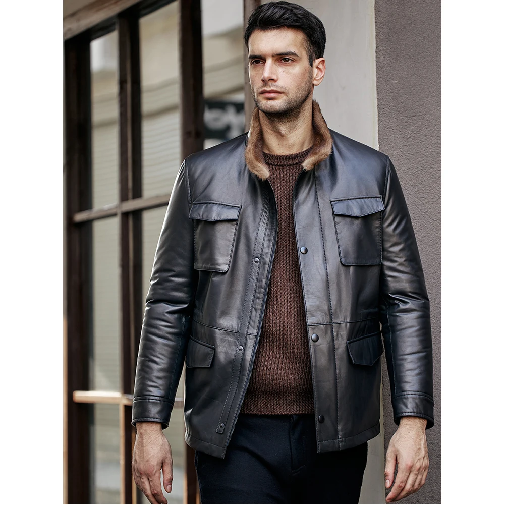 Denny&Dora Mens Leather Fur Jackets Denmark Imported Mink Lining Black Cowhide Leather Jacket