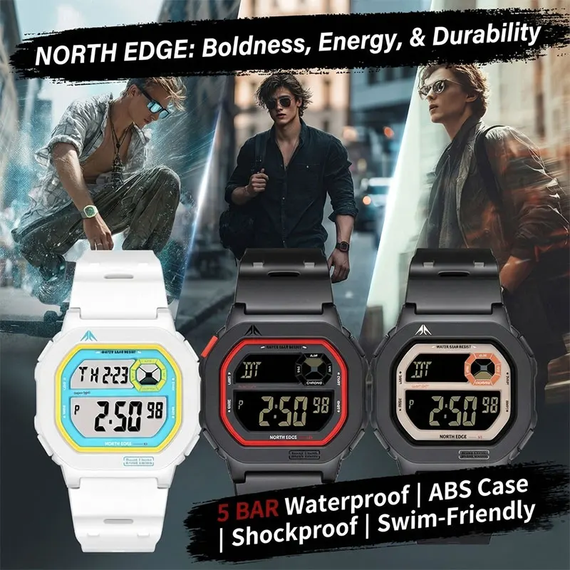 NORTH EDGE X1 2026 Smart Watch for Men Digital Watches Simple Square Watches Waterproof 50M Stopwatch Countdown Alarm Luminous