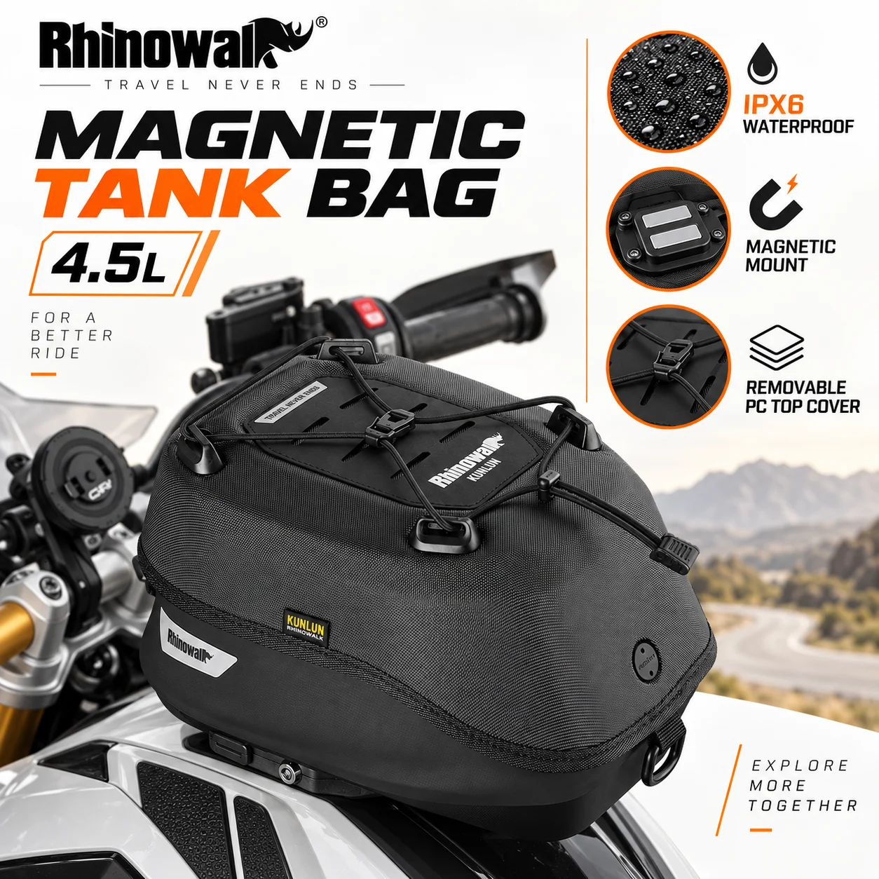 Rhinowalk Motorcycle Tank Bag Waterproof Magnetic Mount Quick Release 4.5L Storage Luggage Pack For BMW Suzuki KTM CFMOTO HONDA