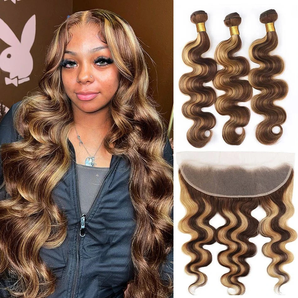 

Bundles With Frontal Highlight Body Wave Remy Human Hair 2/3/4 Bundles With 13x4 Transparent Lace Frontal P4/27 Piano Color Hair