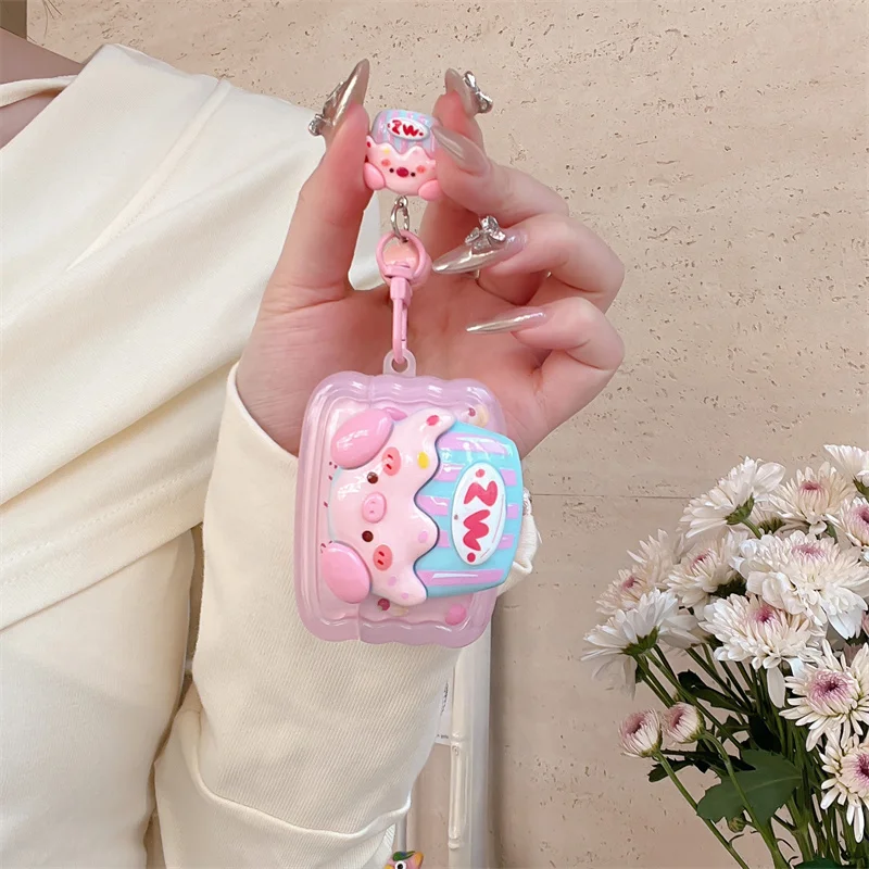 Pink 3D Piglet Cute Ear Case for Apple Airpods 4 3 2 1 Pro Transparent Silicone Strap Kawaii Pendant