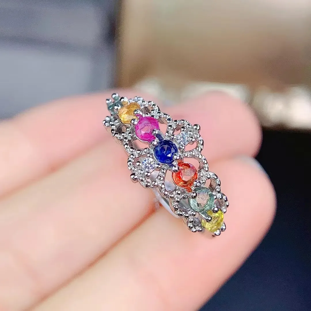 

KJJEAXCMY fine jewelry 925 sterling silver inlaid natural color sapphire women luxury elegant round adjustable gem row ring supp
