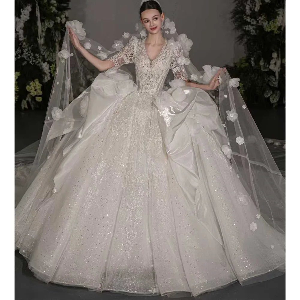 Luxury V-Neck Wedding Dress With Lace-Up Back And 3D Flower Embroidery Half Sleeves Customizable Bridal Gown