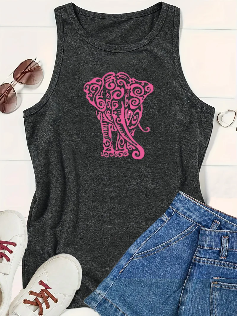 Pink Animal Lephant Love Printed Sports Fashion Women's Tank Top Loose O Neck Sleeveless Casual Tank Top For Clothing image 2