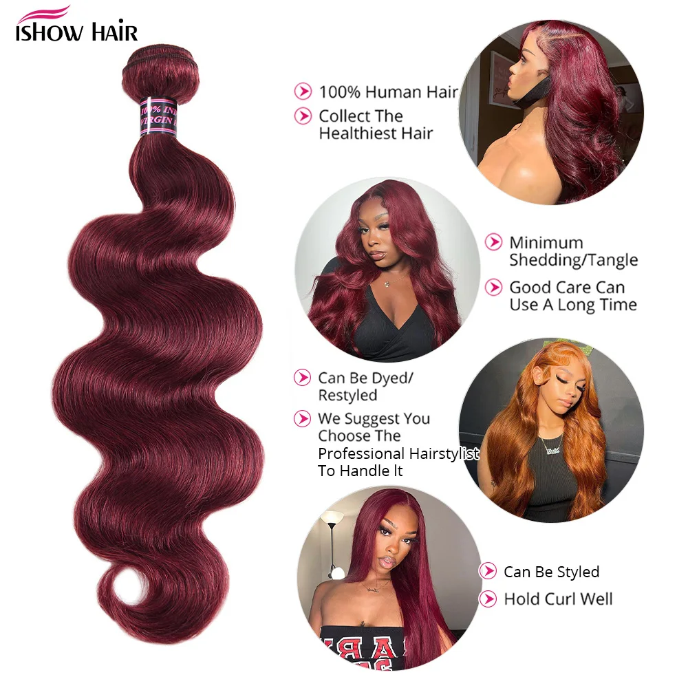 Extensões de cabelo brasileiro para mulheres, Borgonha 99J Body Wave Bundles, Cabelo humano de cor vermelha, 1 pacote, 3 pacote, 4 ofertas do pacote