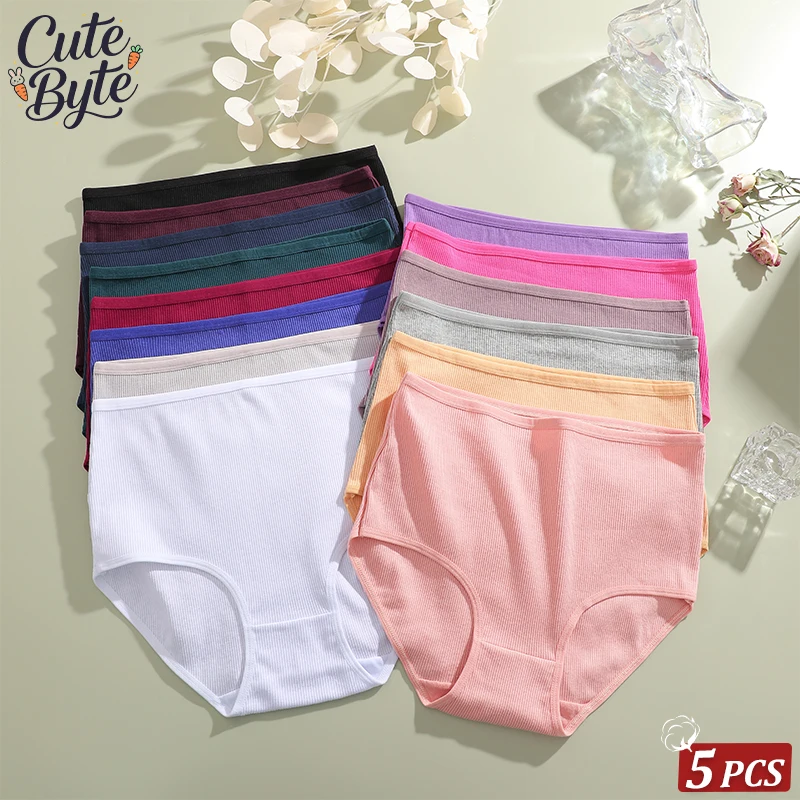 

Комплект из 5 шт. женских хлопковых трусиков с высокой талией, в рубчик, мягкие и удобные, однотонные, дышащие, больших размеров