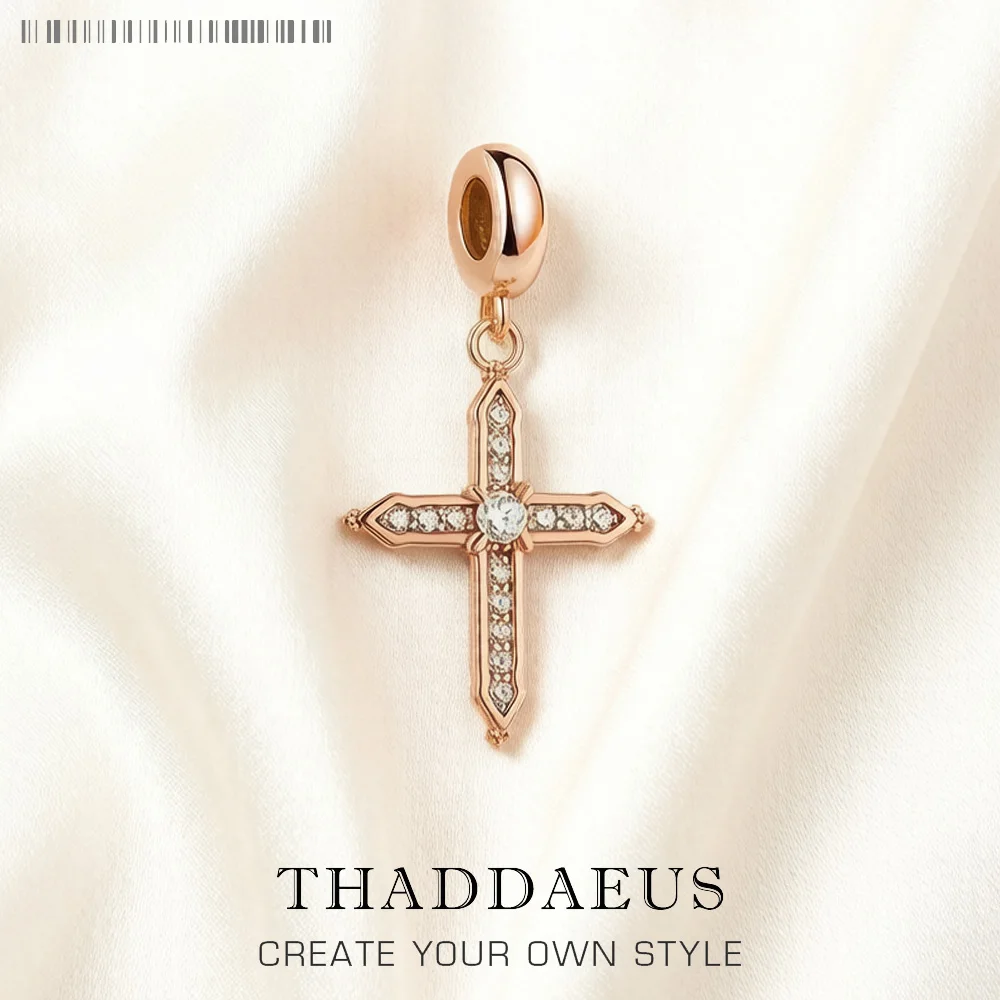 Anhänger mit Rosévergoldung, Kreuz, massives 925er-Sterlingsilber, baumelnder Charme für Damen, edler Schmuck, Vintage-Geschenk