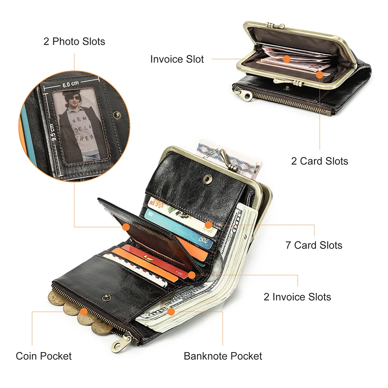 Imagem -05 - Moda Feminina Carteira de Luxo Couro Genuíno Pequenas Senhoras Carteiras Rfid Metal Frame Design Feminino Zíper Moeda Bolsa Titular do Cartão