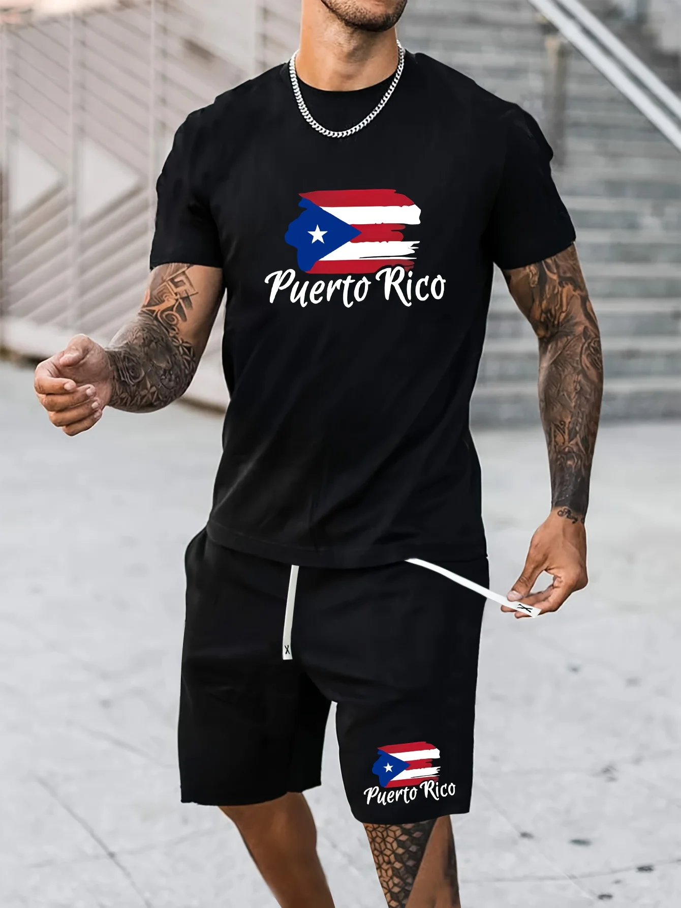 American Flag Men's Short Sleeve Shorts 2 Fashionable Versatile Outfits Casual Short Sleeve T-Shirt and Simple Shorts Set Summer