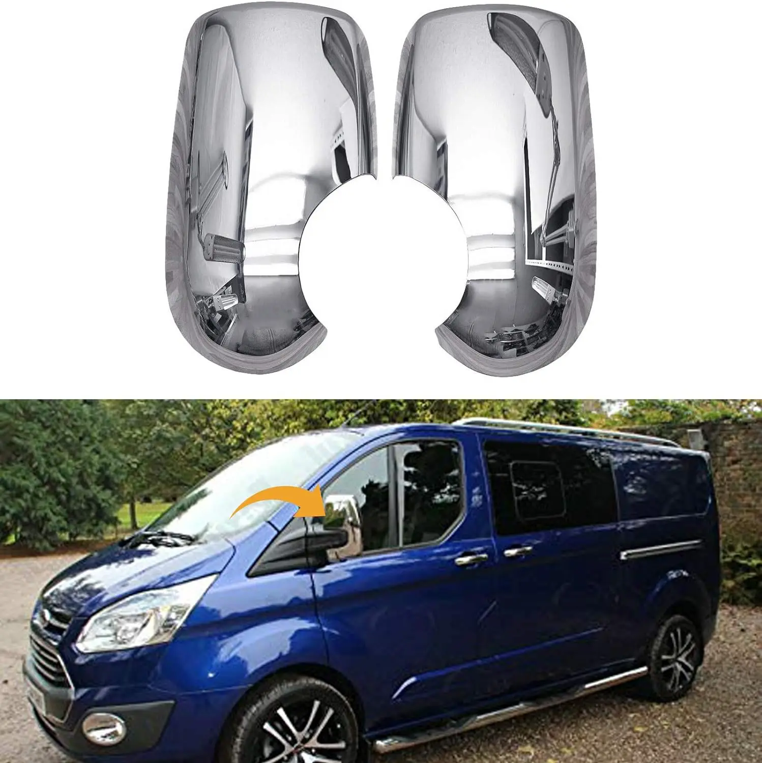 Mirror Covers for FORD TRANSIT 5-6 | 2000-2013 Stainless Steel Exterior Mirror Covers, Chrome Rearview Cases, Side Fittings, Left and Right, 2 Pieces, Easy Installation