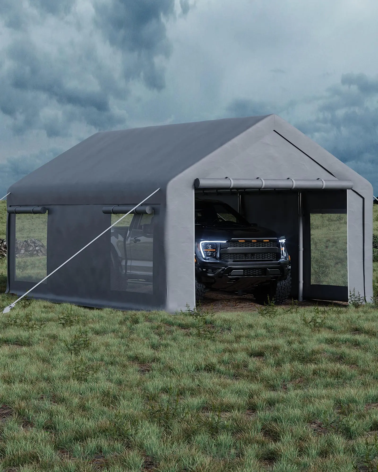 10x20 ft Portable Garage, Car Port with 200 g PE Tarp Canopy, with 2 Roll-Up Doors and 4 Windows, for Temporary Paint Booth, Boats&Pickups Shed, and Event Shelter, Gray