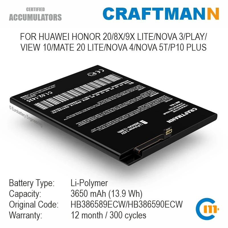 Craftmann Battery for HUAWEI HONOR 20/8X/9X LITE/NOVA 3/PLAY/VIEW 10/MATE 20 LITE/NOVA 4/NOVA 5T/P10 PLUS(HB386589ECW)