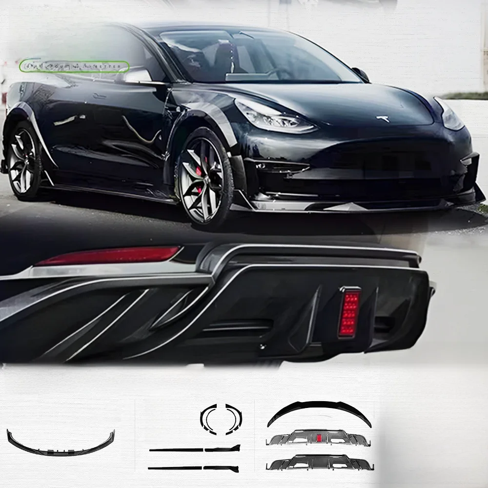 Zestawy karoserii Model 3 do Tesla 2017-2023 Zderzak przedni Warga Boczna spódnica Tylny dyfuzor Z włókna węglowego Turbo Bodykit 2023 Części samochodowe — zdjęcie 2