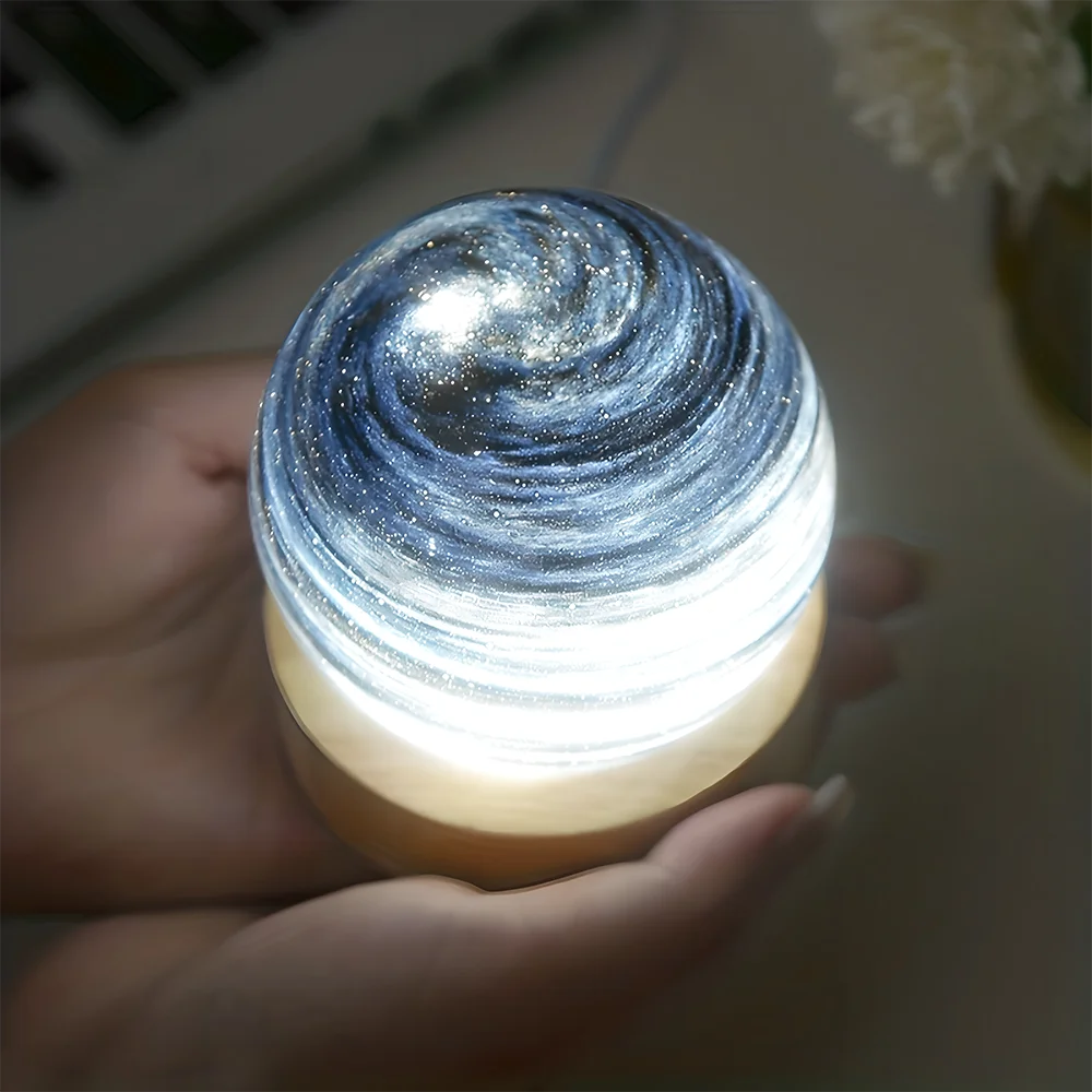 LED home decoration 3D Saturn crystal ball, USB powered night light with wooden stand, Aesthetic gift for children and friends