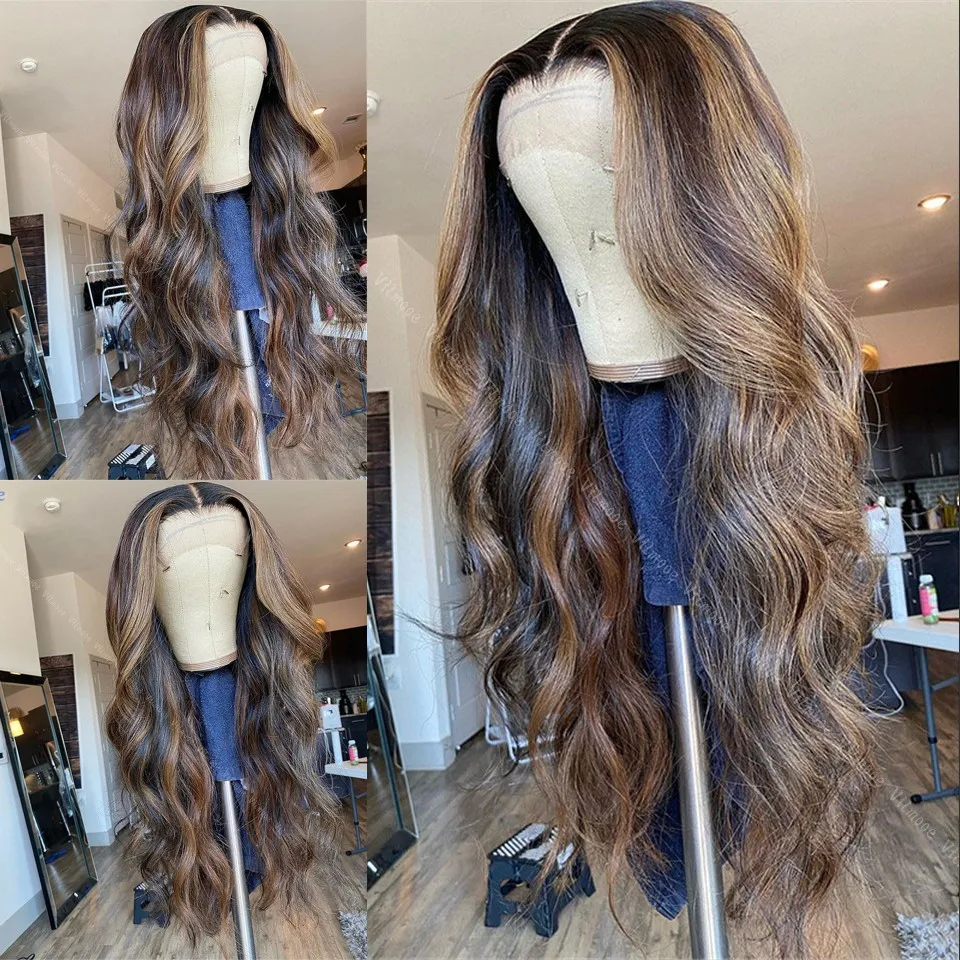 

Long Body Wave Highlight Glueless Brown Dark Blonde Human Hair 13x4 Silk Base Lace Front Wigs Natural Hairline 360 Lace Wigs
