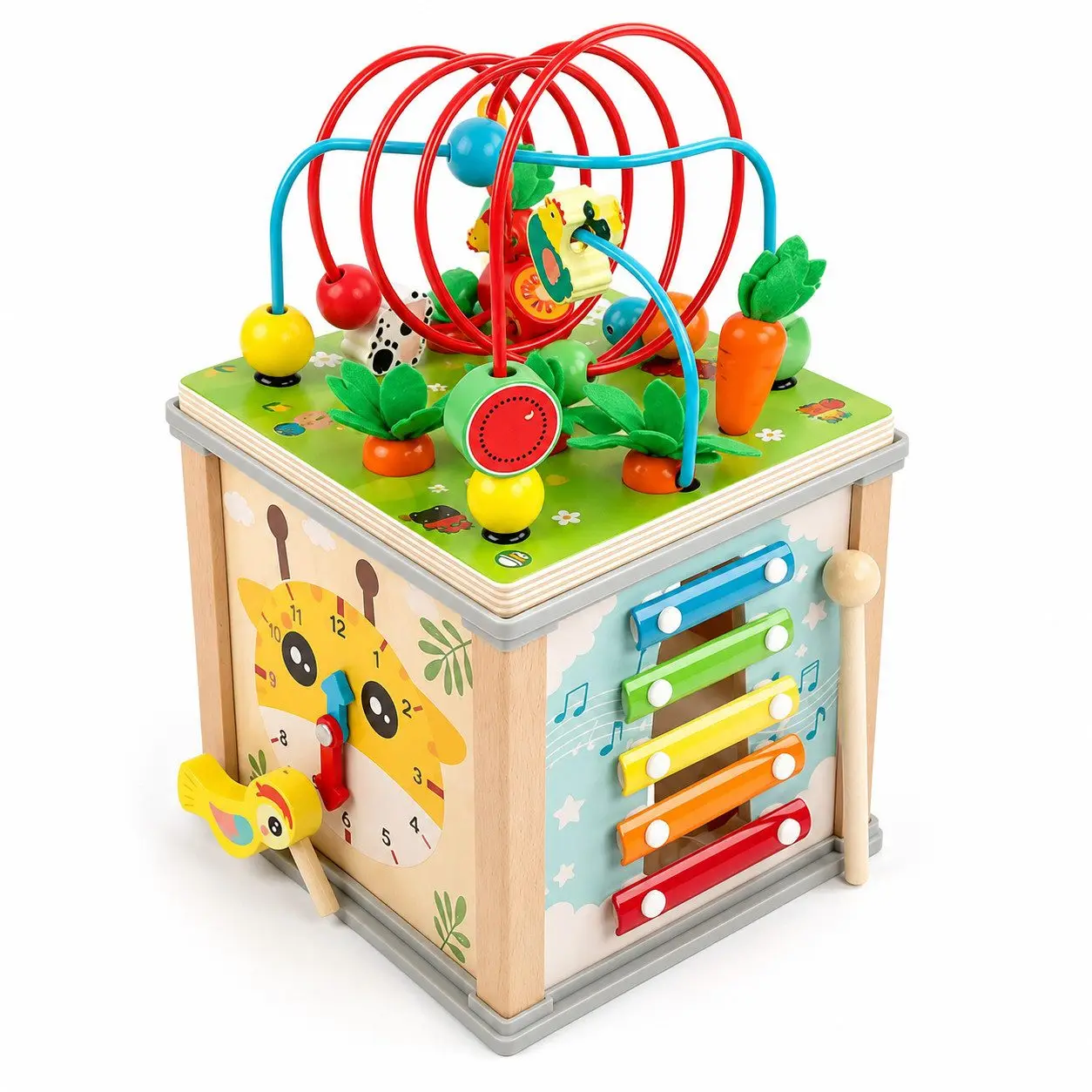 Spielcenter Holz Motorikwürfel Montessori Spielzeug für Kinder ab 1 Jahr (Set, 1-tlg), Perlenlabyrinth, Xylophon, Lernuhr, Formensortierer für Feinmotorik