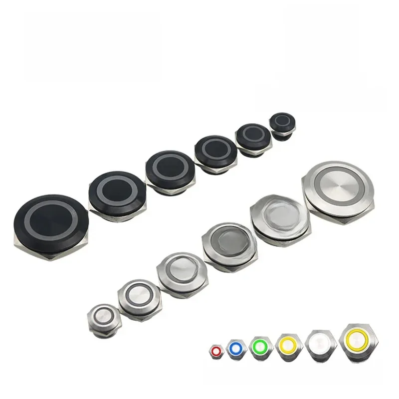 Mini interrupteur à bouton-poussoir en métal étanche, 12/16/19/22/25/28/30mm, course courte, lumière Led momentanée, 5V 12V 24V 220V, rouge bleu