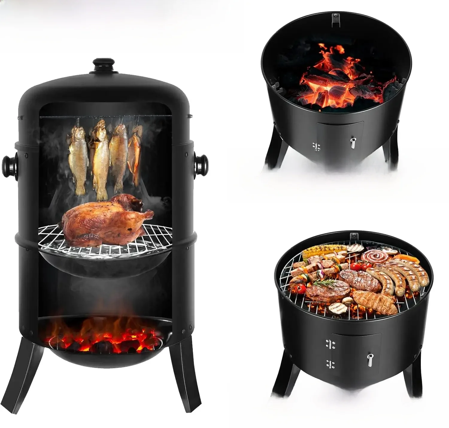 Four fumoir 3 en 1 à charbon de bois, fumoir à eau à baril, barbecue rond avec couvercle et Therye, 2 grilles en acier inoxydable