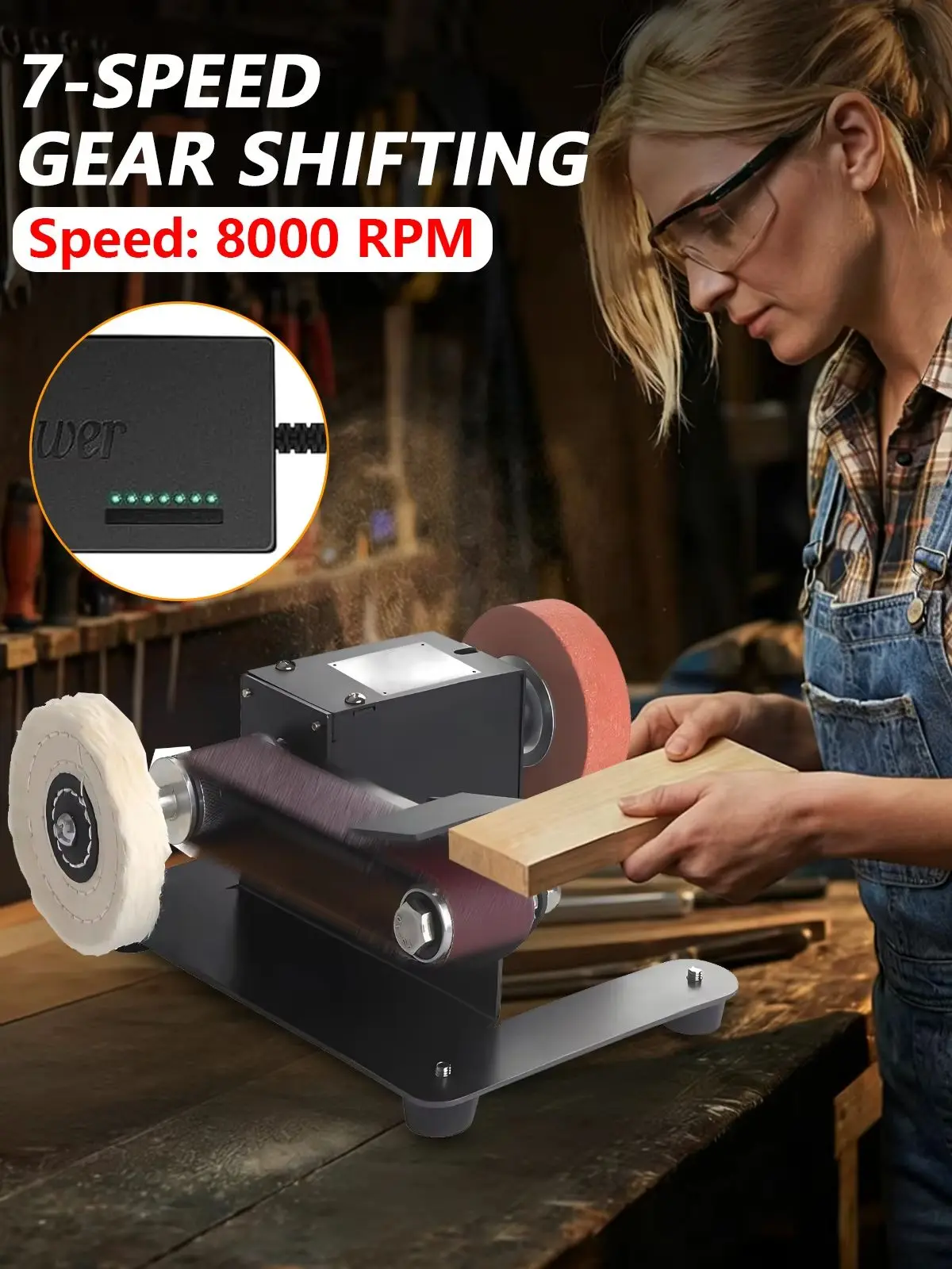 Mini szlifierka stołowa taśmowa 800W, polerka z 7-stopniową regulacją prędkości i funkcją obrotu w przód i w tył, kompletny zestaw akcesoriów, maszyna do szlifowania DIY do obróbki drewna, metalu i — 2