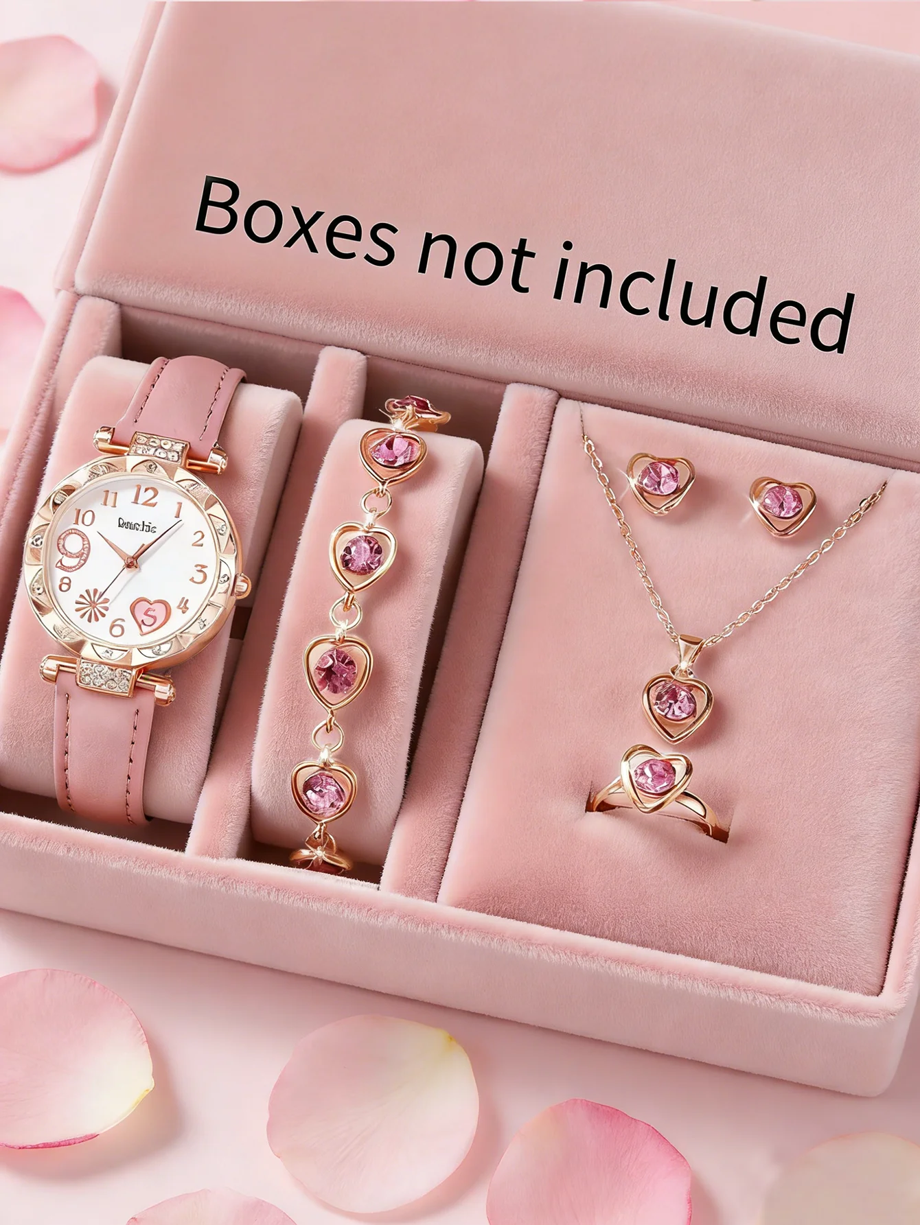 Women's quartz watch and set of inlaid jewelry, gift with heart-shaped fireworks design, does not include the box