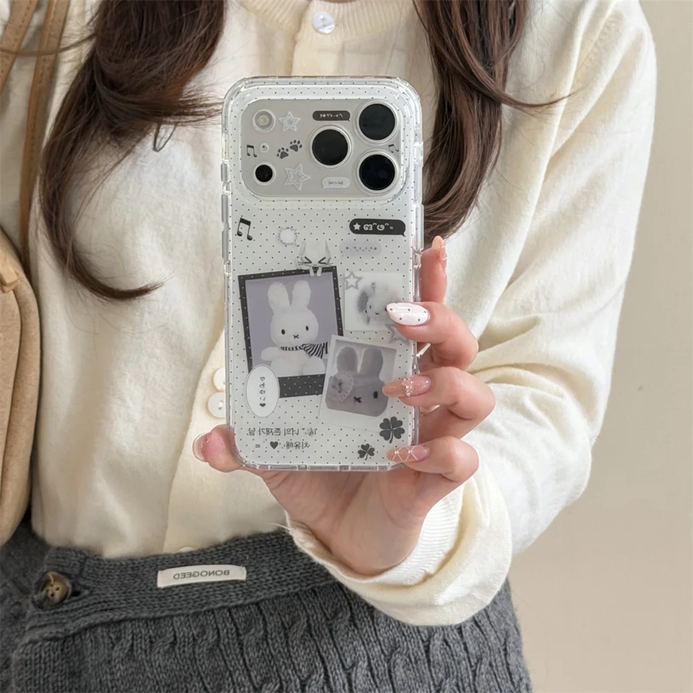 

Korean Cute Sticker Miffy Rabbit Polka Dot Phone Case for iPhone 15 Pro 14 13 16 Max 17 Pro Cases Silicone Shockproof Cover Capa