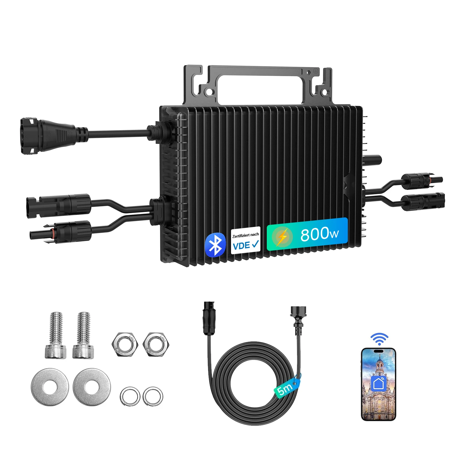 

Микроинвертор SUKFLOW 800W, солнечный микроинвертор с WLAN и Bluetooth, водонепроницаемый по стандарту IP67, с 5-метровым кабелем переменного тока для балконного электроснабжения.