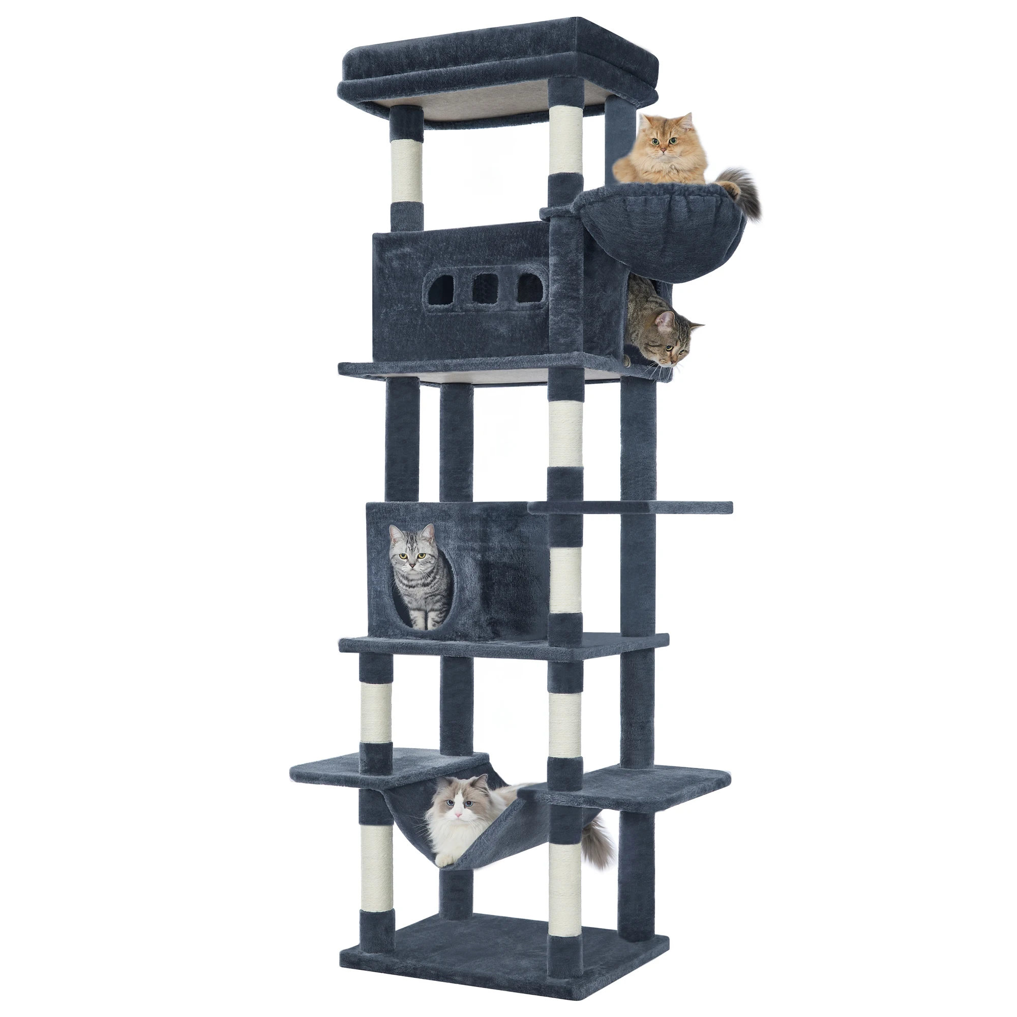 Kattenboom, 210 cm grote kattentoren voor binnenkatten, multi-level kattenhuis met condo, 8 krabpalen, 4 pompons