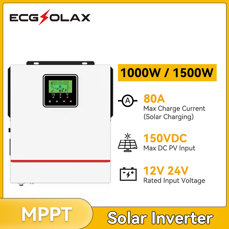 ECGSOLAX 1KW 1.5KW Hybrid Solar Inverter 12V 24V 220V Off-grid Hybrid Inversor Build in 80A MPPT Solar Controller